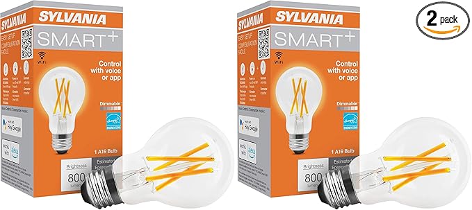LEDVANCE Sylvania WiFi LED Smart A19 Light Bulb, 7.5W Efficient with Filament, for Alexa/Google Assistant, Energy Star, Clear, 2700K, Soft White - 2 Pack (75797)