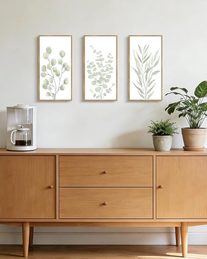 KUVIOKE Light Green Botanical Leaf Framed Wall Art Green Sage Eucalyptus Plant Illustrations Modern Artwork for Living Room Bedroom 8x16in3pcs Natural Framed