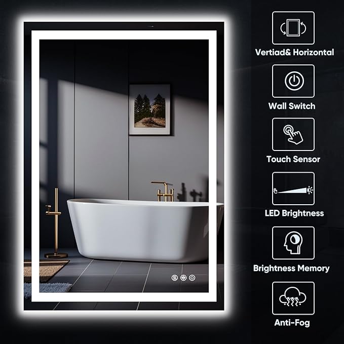 LED Bathroom Mirror, 24"x36" with Frontlit and Backlit Anti-Fog Mirror with Lights LED Vanity Mirror for Bathroom 3 Colors Temperature & Dimmable Bathroom Mirror with HD Tempered Glass