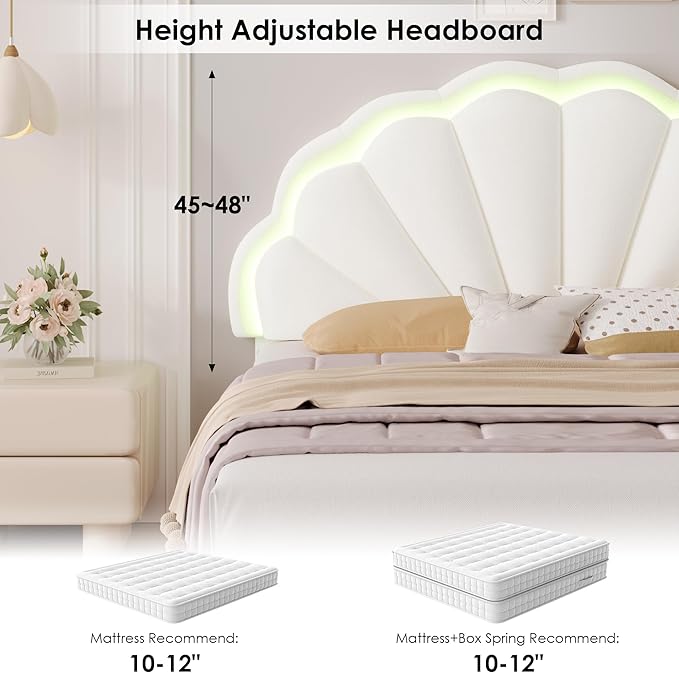 HIFIT Queen Upholstered Smart LED Bed Frame with Storage Drawers & Adjustable Chic Double Petal Headboard, Velvet Princess Platform Bed with Solid Wood Slat/No Box Spring Needed/Easy Assembly, Beige