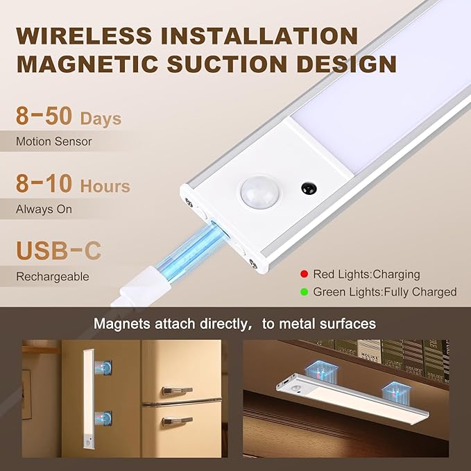 Under Cabinet Lighting 2 Pack, Wireless Motion Sensor LED Light, USB Rechargeable, Remote Control, 3 Color Dimmable, Magnetic Mount, Timer Function, 8-50 Days Runtime for Kitchen Cupboard Closet
