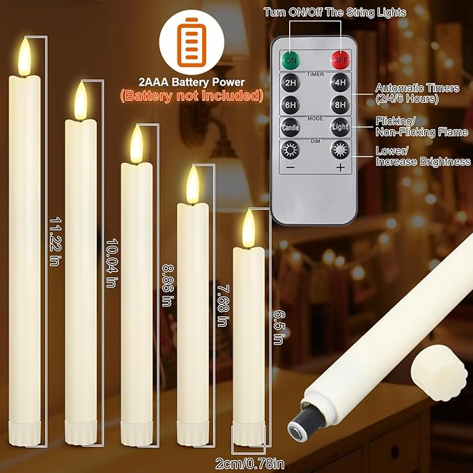 20 Pcs Flameless Taper Candles with Remote Battery Operated Taper Candles Include 6.5'' 7.7" 8.9" 10" 11.2" Fake LED Electric Candle Sticks for Valentine's Day Home Wedding Decor (Warm White)