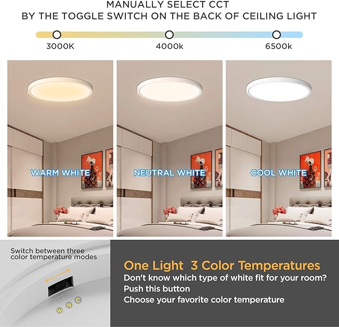 ocioc 15.7 inch LED Flush Mount Ceiling Light, 24W 2400lm Dimmable, 3000K/4000K/6500K Selectable, Low Profile Round Lighting Fixture for Kitchen, Child Room, Stairwell, Porch White