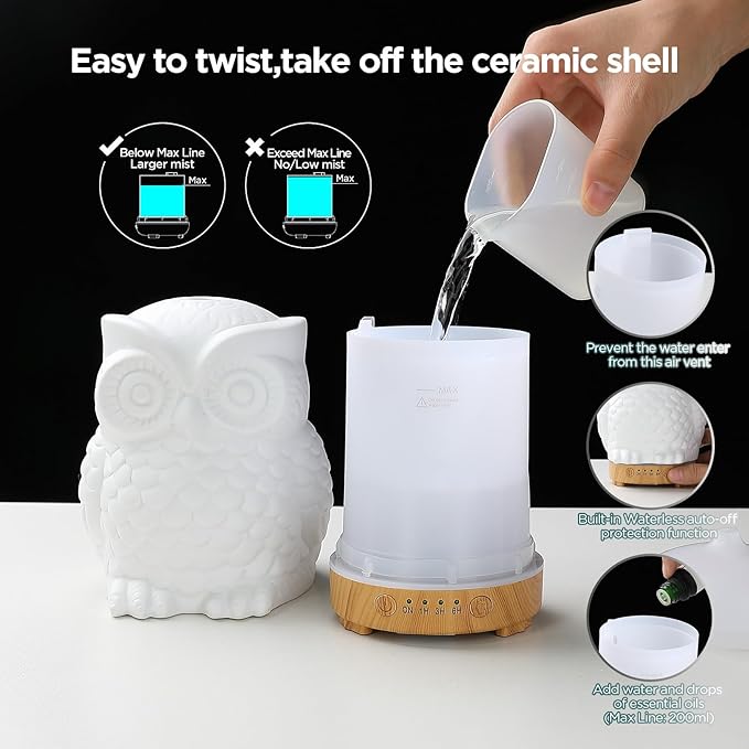 Owl Ceramic Aromatherapy Diffuser INRORANS 160ml Stone ultrasonic Cool Mist Scent Essential Oil Diffuser Humidifier with Intermittent Mist & LED 7 Colors Changing Night Light for Bedroom Office Home