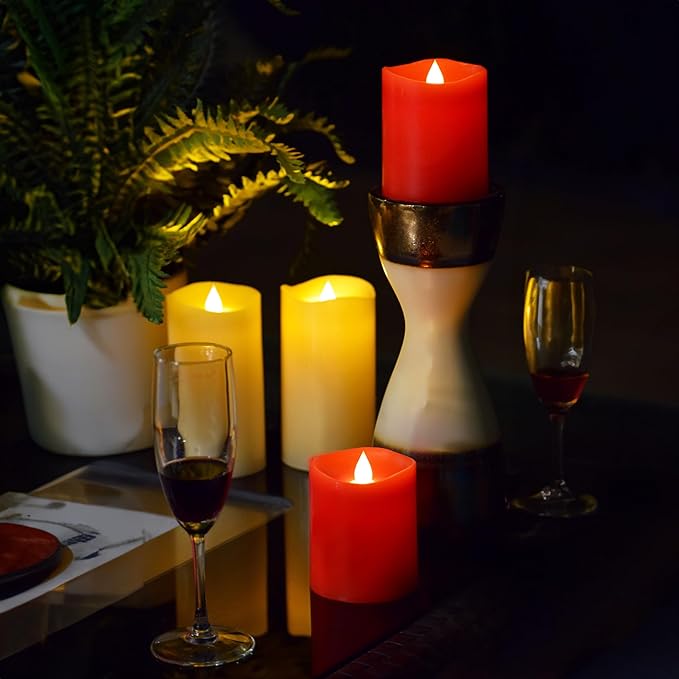 Flameless Candles Last 1300+ Hours Real Wax Flame Effect Auto-Moving 3D Wick, LED Pillar Candles with Timers Battery Operated - Red 6“6”