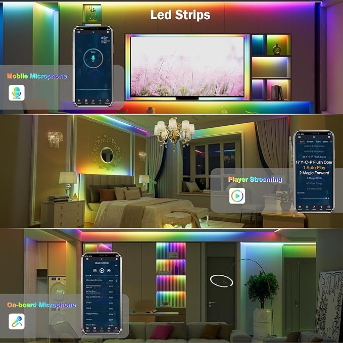 LED Strip Lights for Bedroom 33 FT, IC-RGB LED Lights for Room with Remote Bluetooth APP Control, USB LED Light Strip for Ambient Lighting Room Decor Christmas Halloween