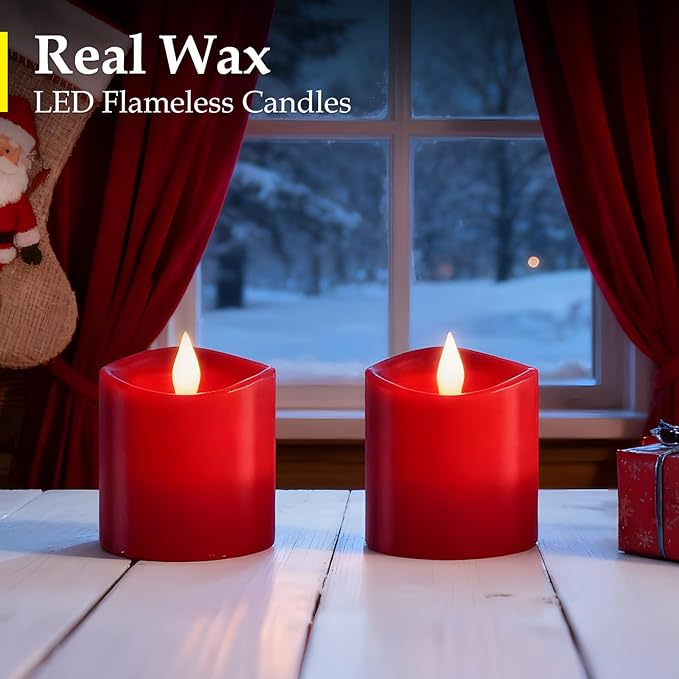 Red LED Pillar Candles, 3inch - Battery Operated with Remote Timer, Flickering Flame, Lasts Over 600 Hours, Perfect for Christmas and Halloween Deco (Red, 3"*3"-2pcs)