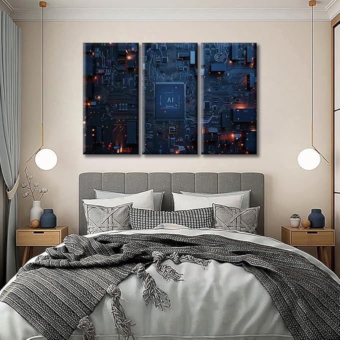 Motherboard Digital Chip Wall Art Large Artificial Intelligence Concept Pictures Print on Canvas AI Advanced Circuitry Modern Home Decor Framed for Office Ready to Hang 60"Wx40"H