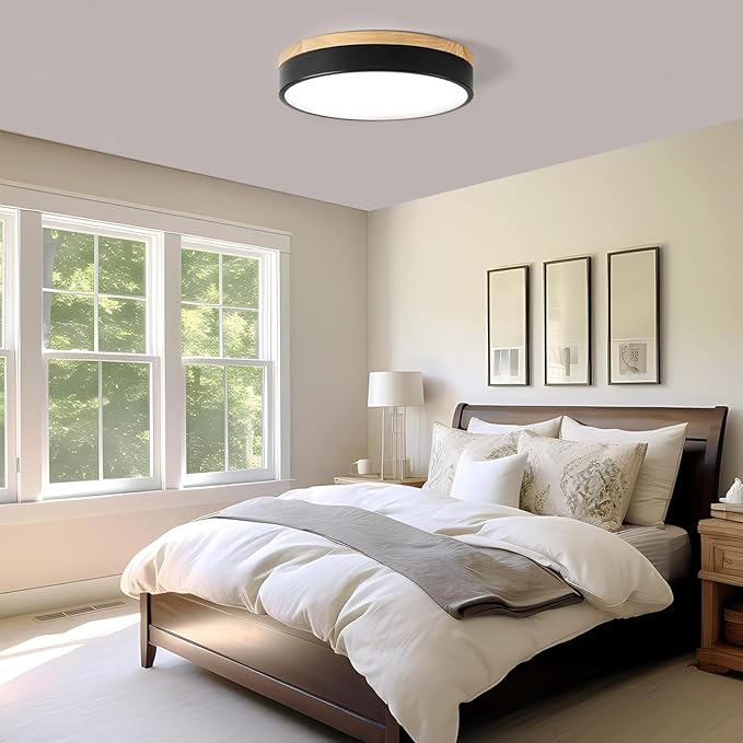 Modern Wood Flush Mount Ceiling Light, Black LED 5CCT 2700K-6000K Dimmable Ceiling Light Fixtures, Round Close to Lighting Fixture for Kitchen Entryway Hallway Bedroom Laundry Room-11.8in