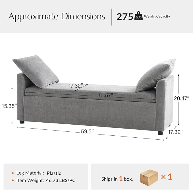 59.5" Modern Storage Ottoman Bedroom Bench, End of Bed Bench with Arms and Throw Pillows, Footrest Stool for Living, Dining Room, Entryway and Hallway, Grey
