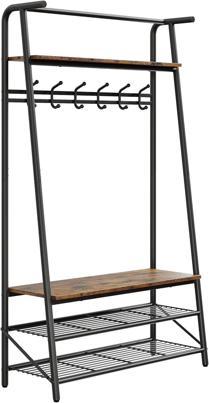 Multi-Functional Hall Tree Coat Rack with Bench & Shoe Storage – Freestanding Metal Frame, 5 Hooks, Clothes Rail – Ideal for Entryway, Hallway, Mudroom – Rustic Brown – 100 Single Row Hooks