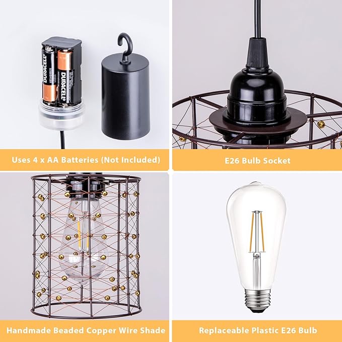 Battery Operated Hanging Outdoor Chandelier, Battery Pendant Light, Gazebo Lights Outdoor Waterproof, 4 AA Batteries, for Gazebo, Pergola, Porch, Patio, Indoor/Outdoor Decor Lighting (3)