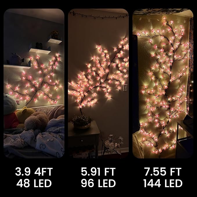 LED Tree Branch Lights for Wall 3.94 FT 48LEDs Cherry Blossom Lights with Remote and 8 Lighting Modes Cherry Blossom Garland Willow Vine Light for Bedroom Indoor Wall Wedding Christmas Decor