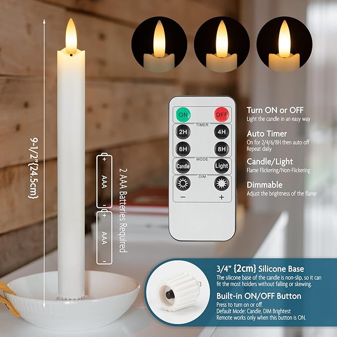 Real Wax Flameless Taper Candles with Remote Timer,Battery Operated LED Candles Set with 3D Flickering Flame,9.6" Realistic Dripless Candlesticks for Wedding Home Decor,6 Pack White
