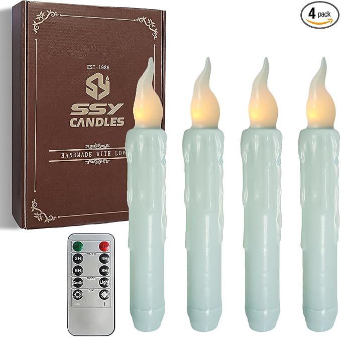 Blue Flameless Short Taper Candles, Real Wax Hand Dipped LED Battery Operated with Remote, Flickering Flame Lights for Festival Party Home Décor, 6.7 Inch Primitive Flameless Candles, 4PCS