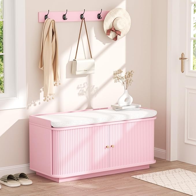 Hall Tree with Bench and Shoe Storage, Entryway Bench with Sliding Door Cabinet, Removable Padded, Metal Wall Hooks and Adjustable Storage Compartments, for Entry, Hallway, Living Room, Pink