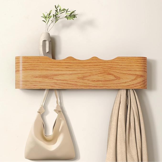 Coat Rack Wall Mount Entryway Organizer Modern Key Holder Wall Mount with Wooden Shelf Entryway Hooks for Bedroom Kitchen Hallway Bathroom for Hanging Coats Hats Dog Leashes Bags Towels