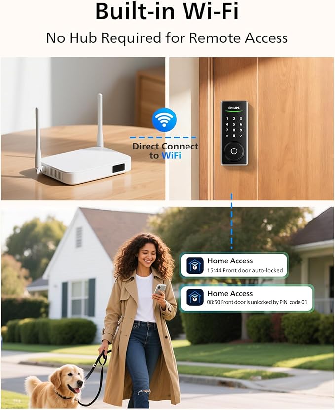 Philips Built-in WiFi Smart Lock, Keyless Entry Door Lock with App, Touchscreen Fingerprint Door Lock, Compatible with Alexa & Google, Splash-Proof, Includes 8 Batteries, Nickel