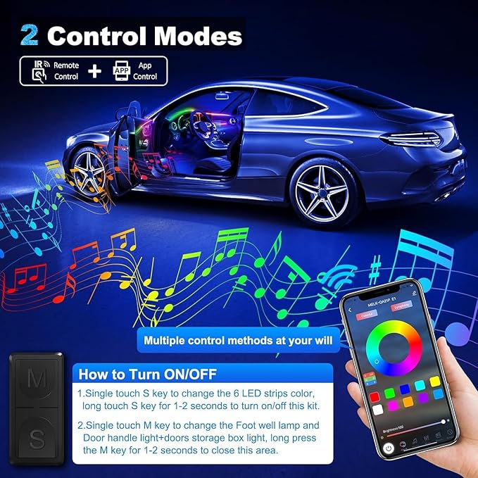 Acrylic Interior Car LED Strip Light with Wireless APP, Dreamcolor RGB 10 in 1 with 175 inches 600 LEDs Fiber Optic Car Ambient Lighting Kits, Dual Zone Sound Active Function LED Strip for Car