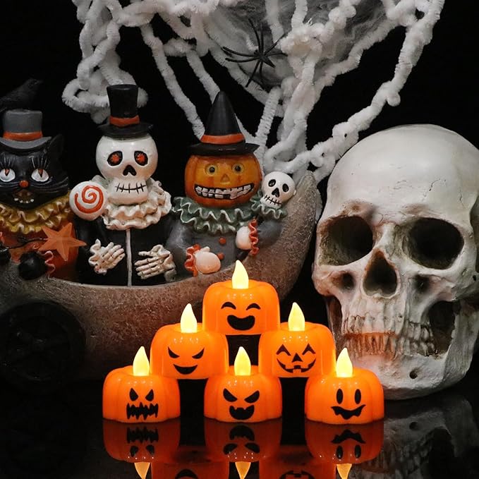 DRomance Halloween Pumpkin Lights Flameless Candles Battery Operated with Timer, 200 Hours Lasting LED Flickering Votive Tealight Candles Spooky Face Halloween Decorations Indoor(6 Pack, 1.9" x 1.6")