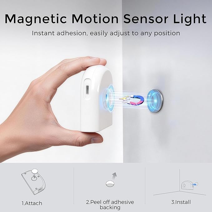 8 Pack Rechargeable Motion Sensor Stair Lights Indoor, Motion Activated Night Light Led Battery Powered Portable Automatic Wireless Stick On Lamp for Step Hallway Closet Under Cabinet