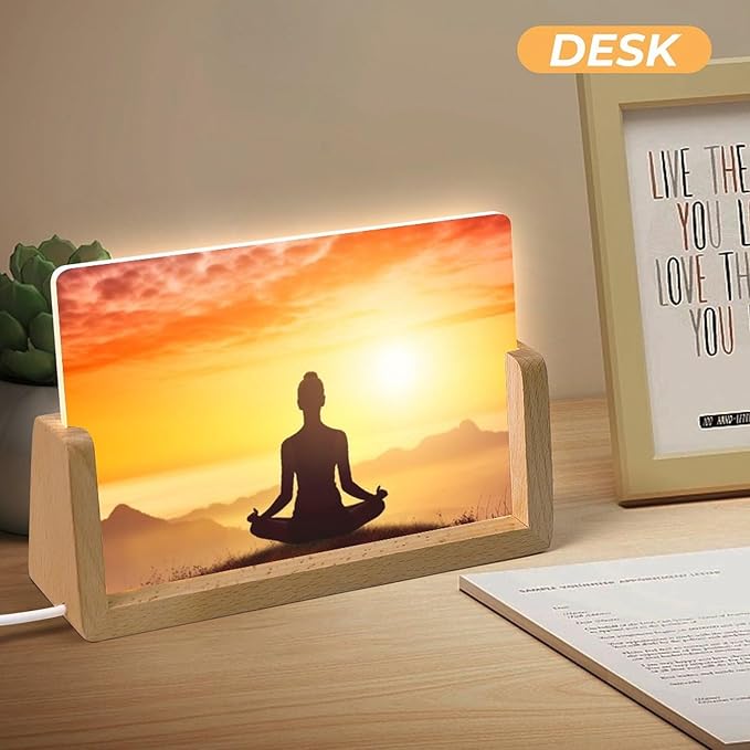 Night Light Acrylic Night Lights with USB Cables Yoga Meditation Acrylic Display Boards with Wooden Light Base Dimmable Night Lights for Home Bar Cafe Office 10.3x15.5cm