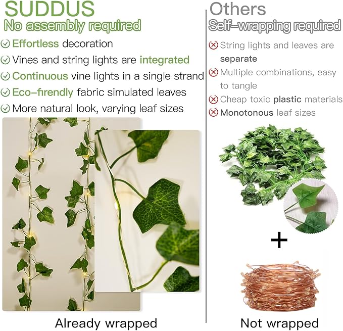 suddus Vine with Fairy Lights Battery Operated, 13.1ft 40 LED Ivy String Light with Remote, Leaf Lights for Bedroom, Room, Wall, Garden, Party, Wedding Dorm Decor (Warm White)