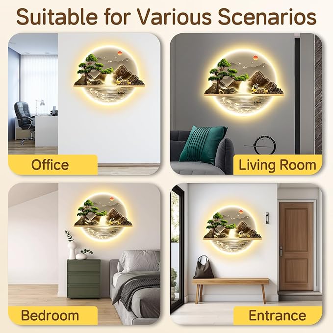 Zen Wall Art Decor with Led Light, Welcoming Pine Wall Decor Art, 3D Wall Sculpture Painting Decoration, Landscape Wall Sculptures for Living Room Bedroom Entrance (A, 60×72cm)