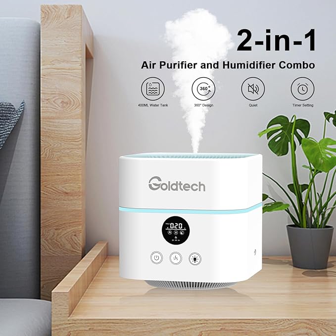 Humidifier and Air Purifier in One for Bedroom Up to 200Ft²,H13 True HEPA Filter Desk Air Purifiers with 500ML Water Tank,LED Light,Small Air Purifier and Humidifier Combo for Bedroom,Office