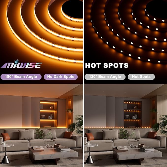 MIWISE RGB COB LED Strip Light 32.8ft/10m,Color Changing Dimmable Strip Light DC24V,Multicolor Flexible Tape Light 10mm Width,for TV,Bedroom,Party DIY Decoration(Power Supply&Controller NOT Included)