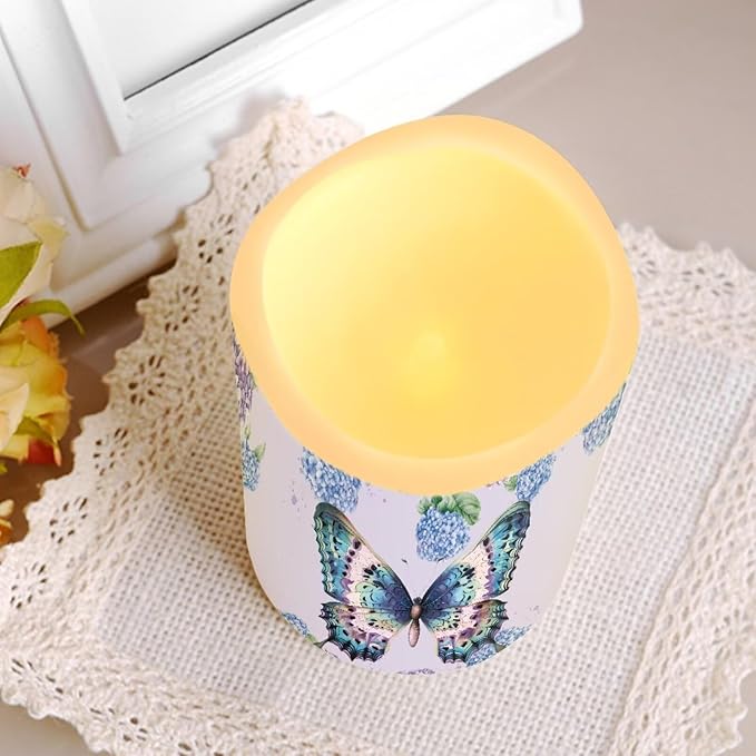 Butterfly Hydrangea Plastic Flameless Candles with Remote Control and Timer LED Flickering Battery Operated Color Changing Electric Pillar Candles Decoration