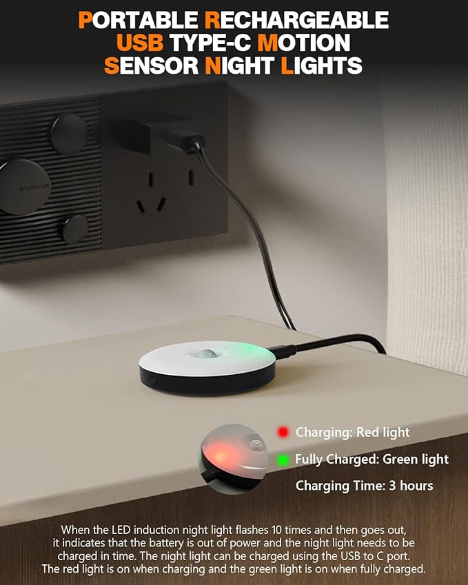 Motion Sensor Night Light Rechargeable, Magnetic Puck Lights, 3 Modes & Dimmable, Motion Sensor Stair Lights Indoor for Bedroom Bathroom Kitchen Hallway Cruise (White Light)