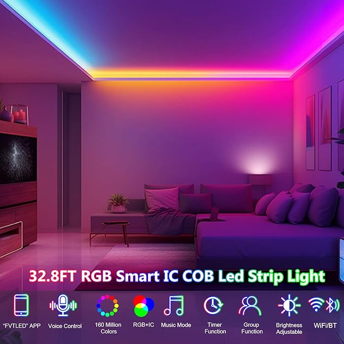 INDARUN RGB COB Led Light Strip with Smart IC, 24V COB Led Strip Light 32.8ft, 10mm Width, 5760 LEDs, RGB Color Changing Light for TV Backlight, Flexible Led Tape Light for Christmas Party, Room Decor