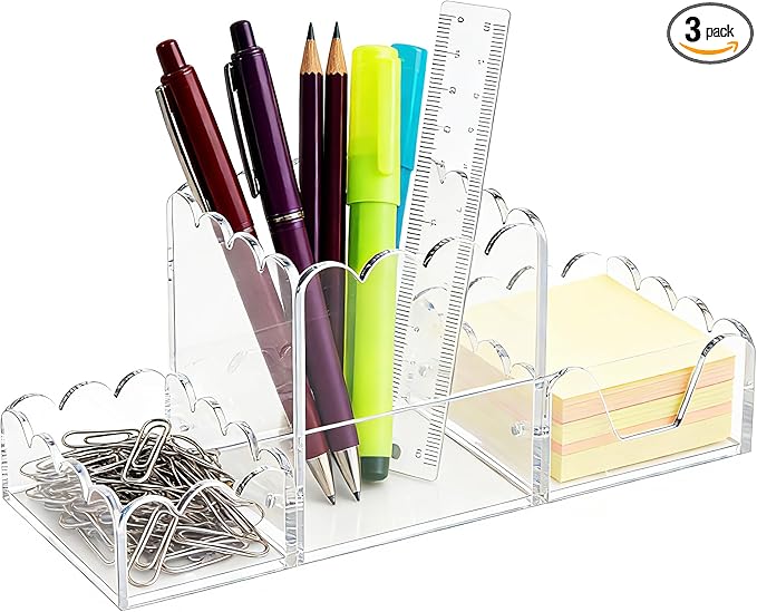 YAGELI Clear Acrylic Desk Organizer Set of 3, Magnetic Modular Pen Holder with Sticky Notes & Paperclip Tray, Aesthetic Desk Accessories for Home Office & Minimalist Decor