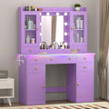 Vanity Desk with Mirror and Lights, 43" Purple Makeup Vanity Set with 5 Drawers & Glass Cabinets, Makeup Tray, Power Outlet & Adjustable LED Lights, Dressing Table for Women & Girls Bedroom
