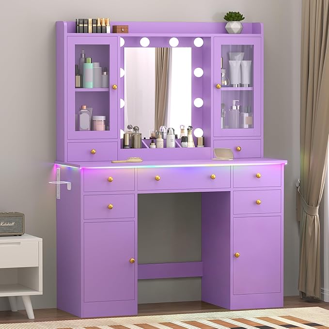 Vanity Desk with Mirror and Lights, 43" Purple Makeup Vanity Set with 5 Drawers & Glass Cabinets, Makeup Tray, Power Outlet & Adjustable LED Lights, Dressing Table for Women & Girls Bedroom