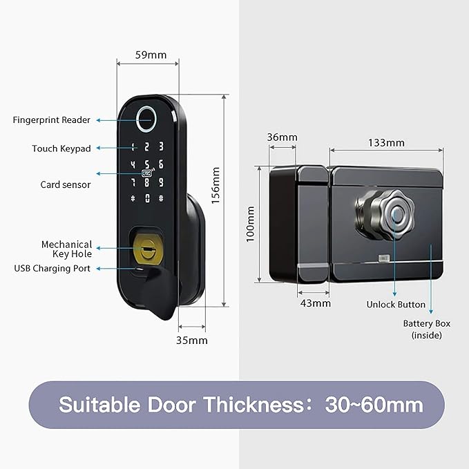 Smart Fingerprint Door Lock, IPX5 Weatherproof, Keyless Entry, TT Lock App Control
