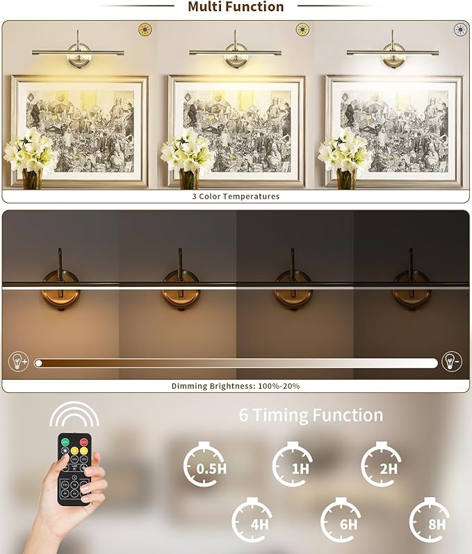 JOOSENLUX Modern Wall Lights Battery Operated Antique Bronze Wireless Picture Lights for Wall 16.5" Inch Dimmable Under Counter Lights for Kitchen with Swing Arm as Canvas Wall Sconce Light CRI95+