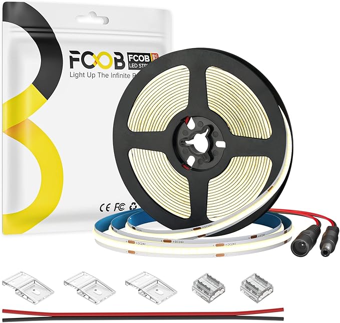 16.4FT COB LED Strip Light DC24V Warm White Flexible High Density Uniform Bright Strip, 320LEDs/m CRI90+ 8mm Dimmable 3000K LED Tape for Under Cabinet DIY Decor, No Power and Controller