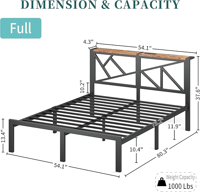 Full Size Black Metal Bed Frame with USB Charging Station, LED Ambient Lighting, and Wooden Storage Headboard - Includes Under-Bed Storage, No Box Spring Needed, Noise Free, Easy Assembly