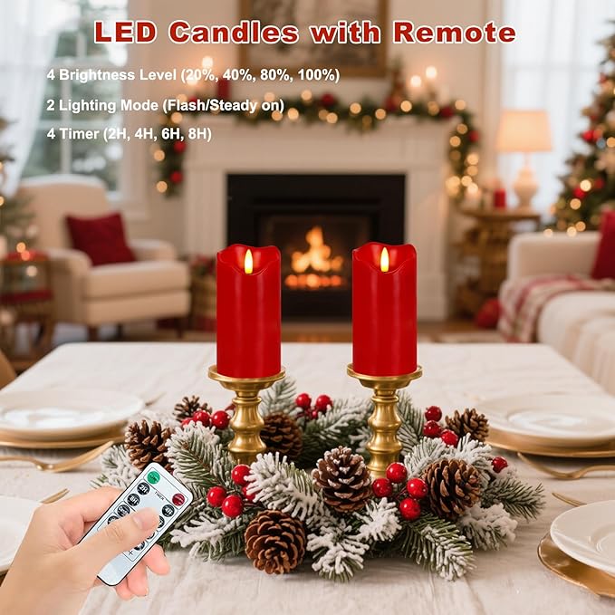 VEEKI Flameless Candles Light, Set of 2 6"x3" Flickering Christmas Flameless Candles with Remote & Timer, Dimmable Real Wax Pillar Candles Battery Operated, Red Candles for Home Xmas Decor (Red)