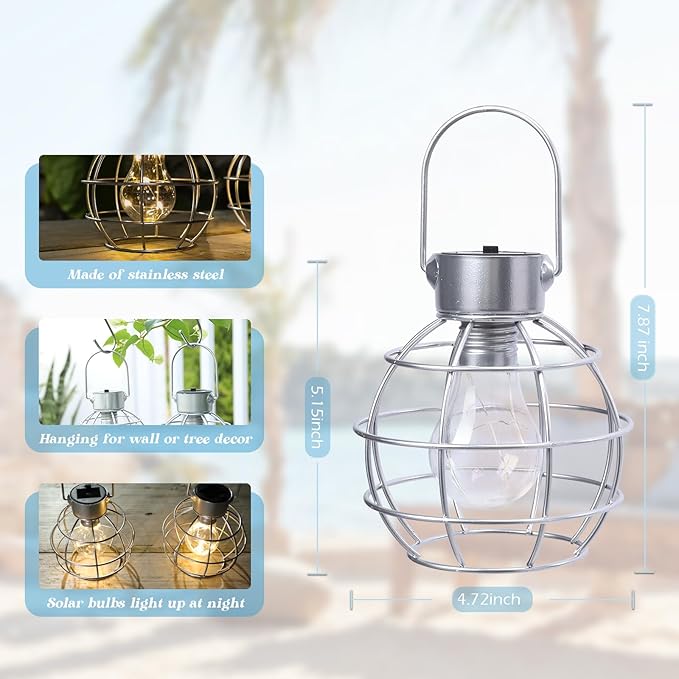 MUMTOP 2 Pack Solar Lanterns Outdoor Lights, Metal Solar Outdoor Lantern Waterproof Decorative Hanging Light for Yard Lawn Porch Garden Patio Pathway Decor, Grey