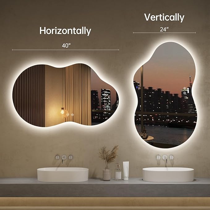 LOVESPEJO Irregular Backlit Mirror Bathroom 40x24 Inch, Asymmetrical Cloud LED Bathroom Mirror with Lights, Fogless, Dimmable, 3 Color Changing, Shatterproof
