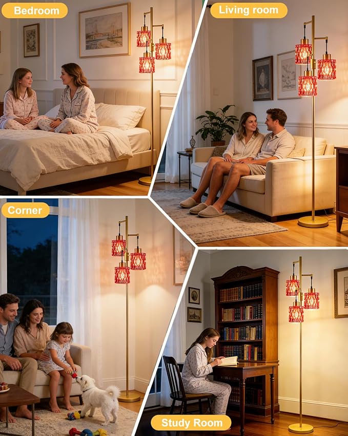 3-Light Floor Lamps for Living Room, Farmhouse Dimmable Gold Floor Lamp with Rose Red Glass Shade& Bulbs Included, Mid Century Standing Tall Lamp for Bedroom/Sofa Beside/Corner