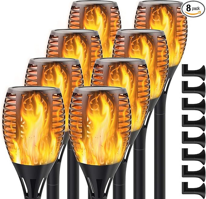 Upgraded Solar Flame Lights Outdoor, 3 Options Solar Torch, Waterproof Landscape Decoration Dancing Flame Post for Garden Pathway Yard - Auto On/Off Dusk to Dawn, 8 Pack