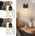 FadimiKoo Wall Sconces Set of Two, Bedside Wood Wall Lamps with Rotary Switch, Black Bathroom Vanity Light with Silver Wire Cage, Rustic Dimmable Sconces Wall Lighting for Living Room, Hallway, Mirror