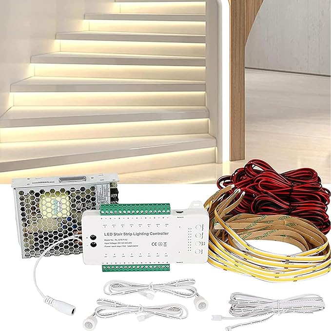 Indoor Motion Sensor Stair Light Controller Wired with 20'' Cuttable COB LED Light Strip Automatic Undermount Stairway Lighting System Cascading Step Light 9 Modes Adjustable for 10-16 Stairs