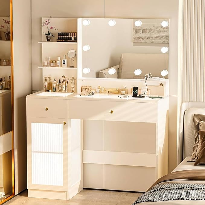 Makeup Vanity Desk with Mirror and Lights, Modern Glass Top Makeup Desk Set with Power Outlet, Drawers and Cabinet, 3 Lighting Color Adjustable Dressing Table for Bedroom