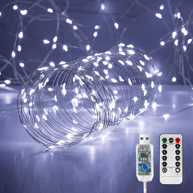 1 Pack 32. 8 ft. USB Powered Fairy Lights with Remote & Timer, 100 LED USB Twinkle String Lights - Silver Wire, 8 Modes, Waterproof, Cool White Starry Lights for Party, Wedding, Christmas