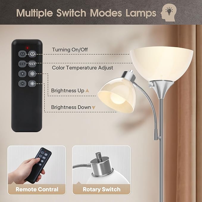 GERGO Floor Lamp, Remote Control with 4 Color Temperatures, LED Torchiere Floor Lamp with Adjustable Reading Lamp for Bedroom, Standing Lamps for Living Room, Bulb Included (Brushed Nickel)